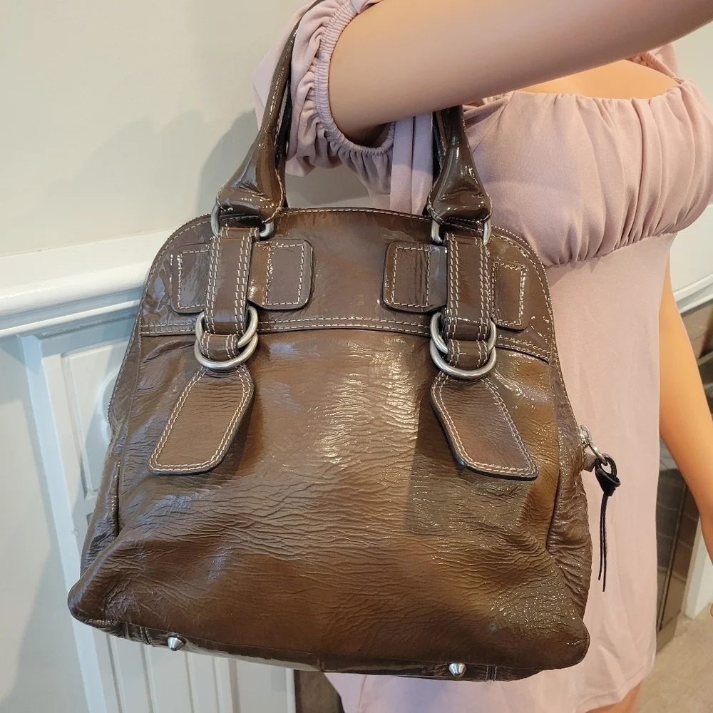 Chloe Bay Quilted Patent Leather Satchel Bag.